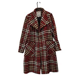 NVLT Oversized Plaid Houndstooth Tweed Trench Coat Winter Preppy Red Size 10